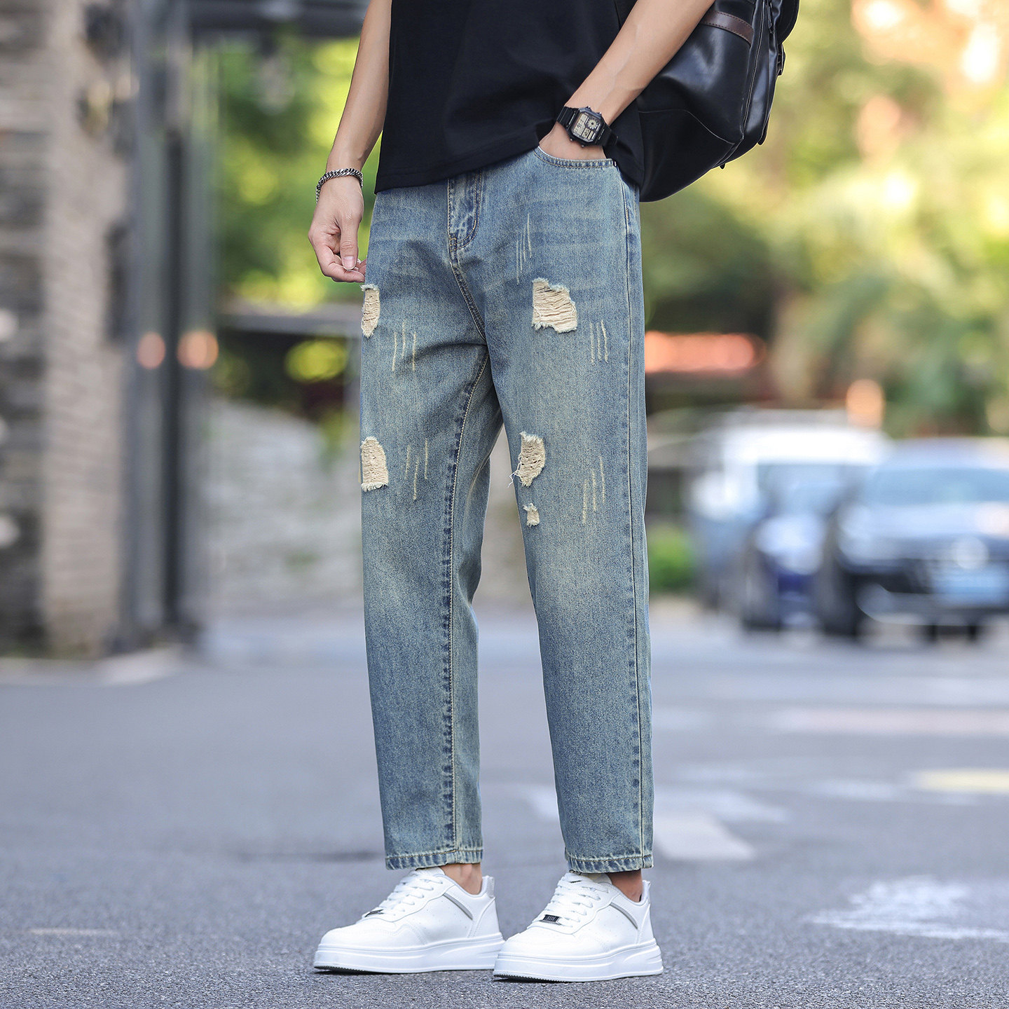 Ekecel夏季破洞九分牛仔裤男士春装薄款2026新款修身小脚微锥裤子