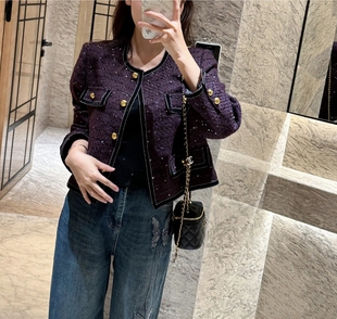 轻奢浪漫高级显贵暗夜紫丝绒小香风时尚女士气质粗花呢外套女