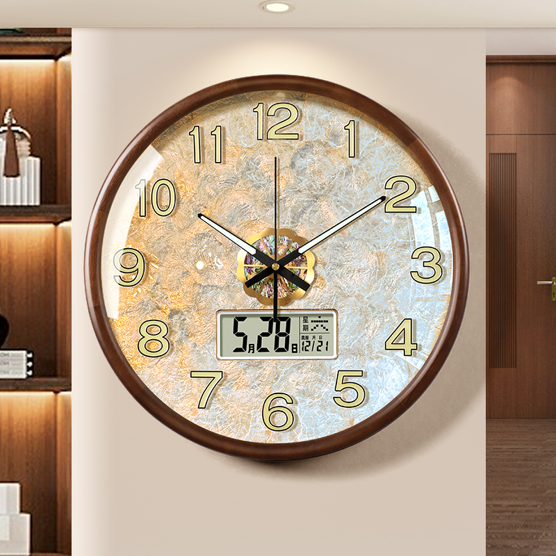 实木贝壳万年历挂钟客厅轻奢高级