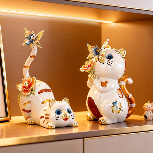 珐琅彩可爱猫咪摆件轻奢艺术现代