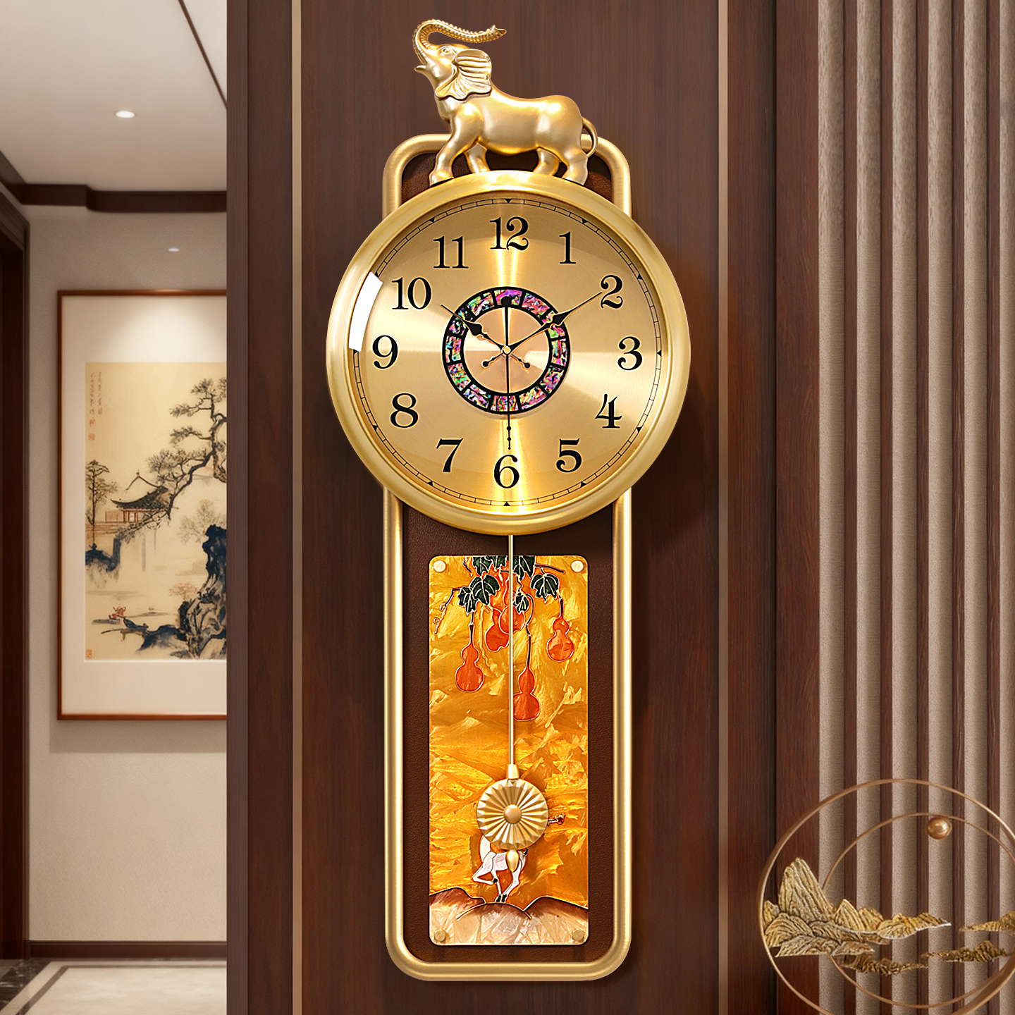 新中式珐琅彩别墅挂钟高档大气客厅轻奢高端钟表挂墙时钟2025新款
