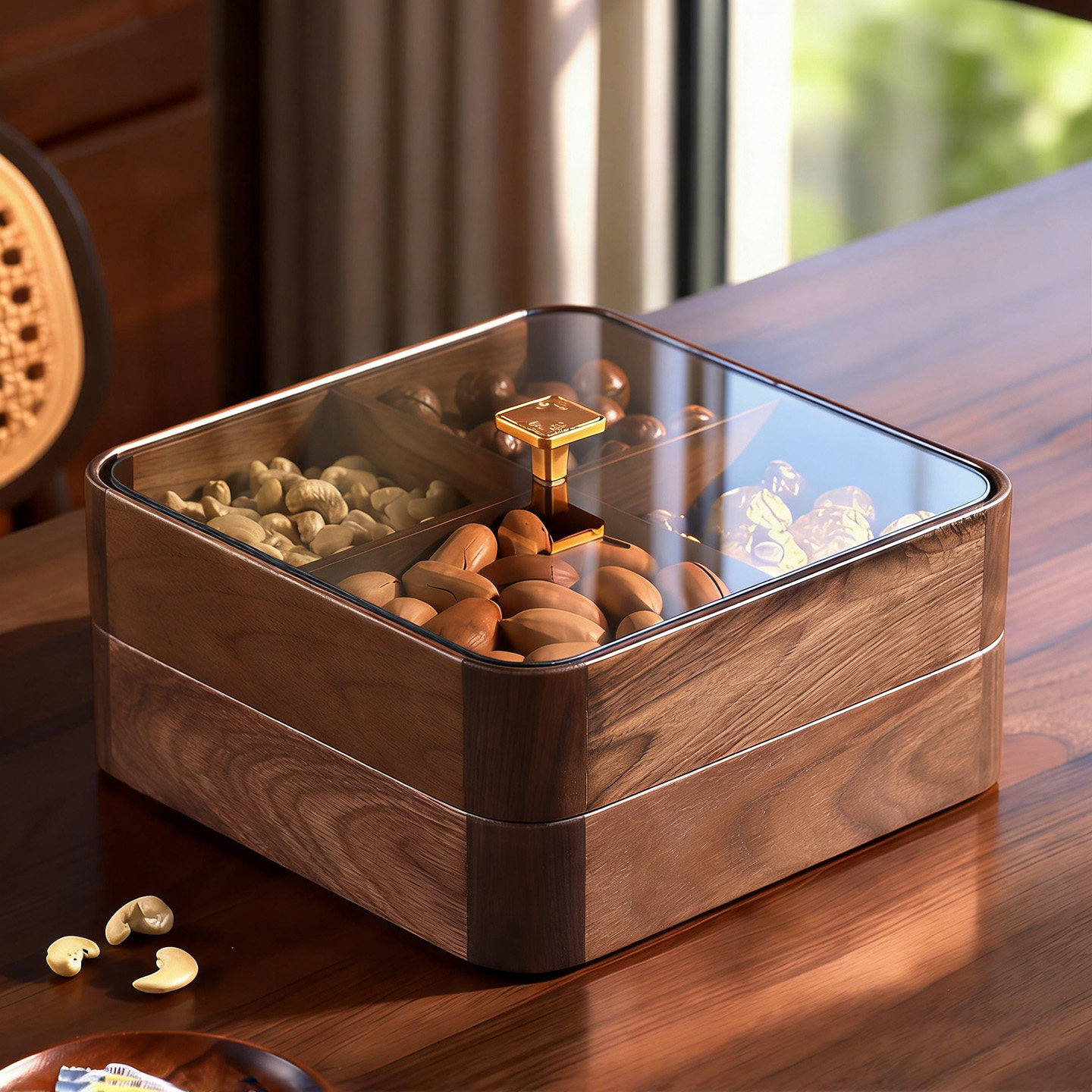 轻奢北美黑胡桃实木干果盒分格收纳双层水果糖果零食收纳盘高级感