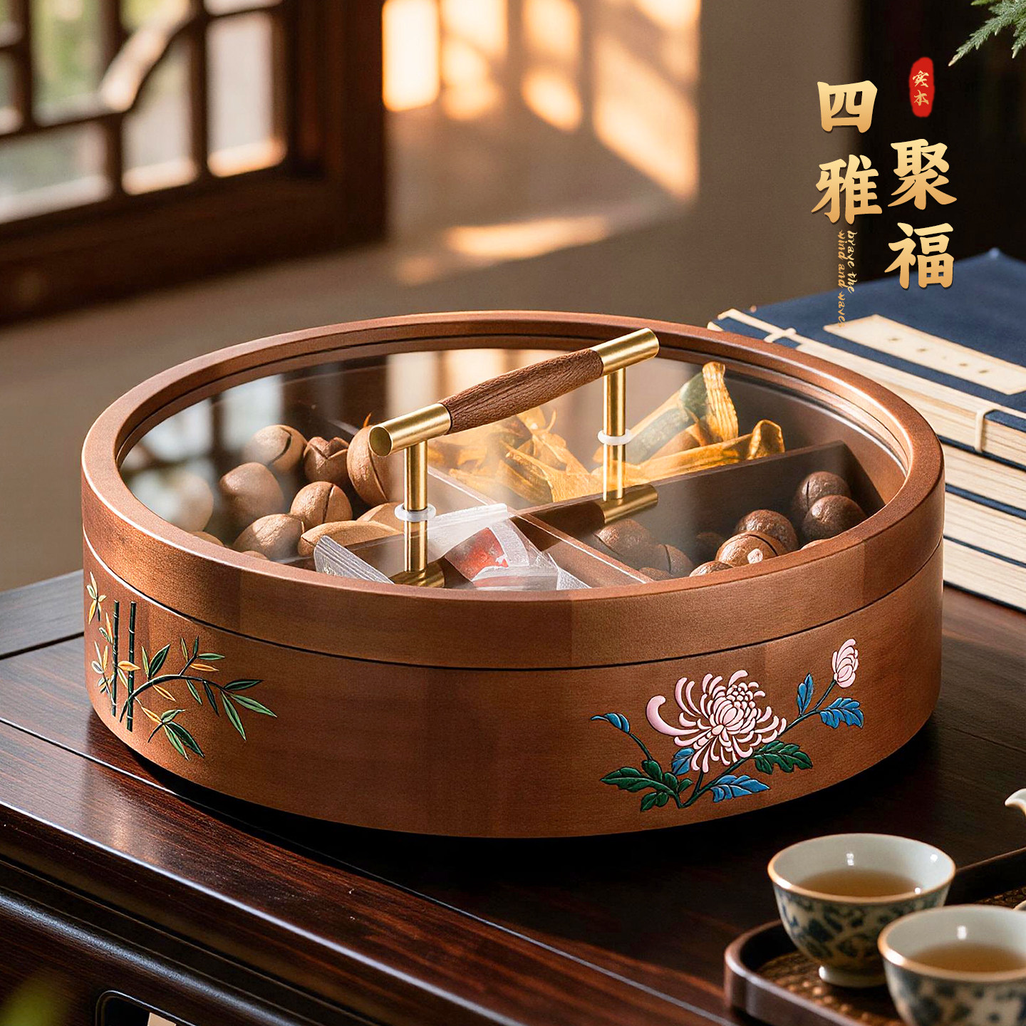新中式黑胡桃木手绘烤漆干果盘