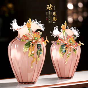 新中式珐琅彩玻璃花瓶摆件客厅插花电视柜玄关装饰品乔迁礼品高档