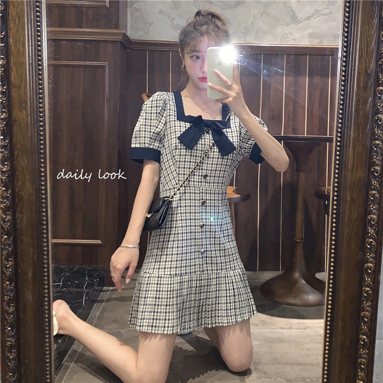 Real price French retro bubble sleeve gentle style first love bowknot Platycodon grandiflorum dress