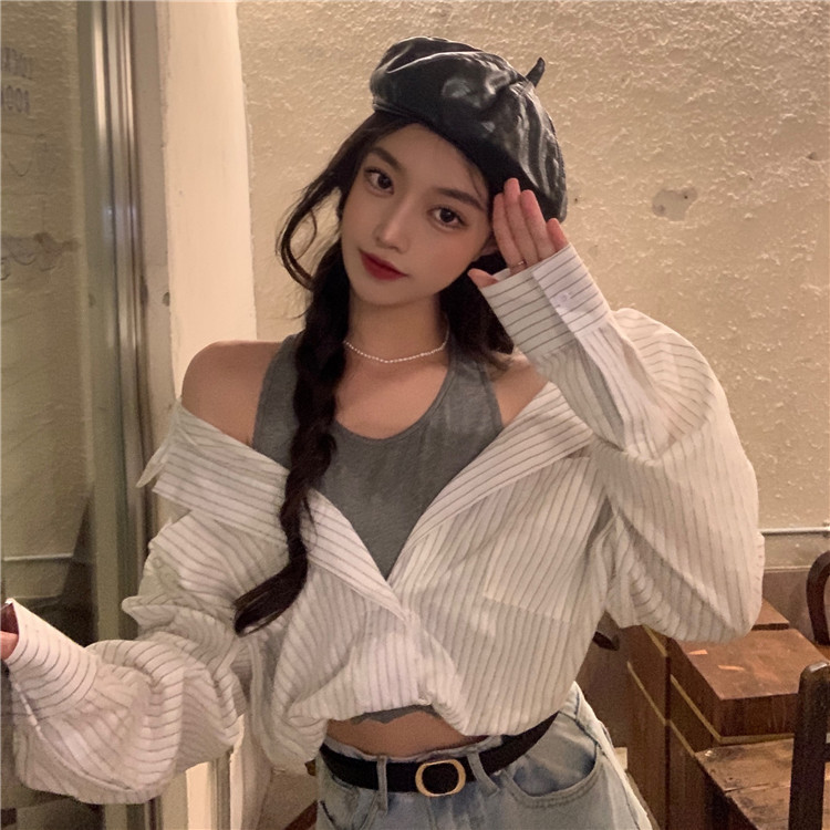 Real price French retro fake two Stripe Shirt simple temperament sexy shirt