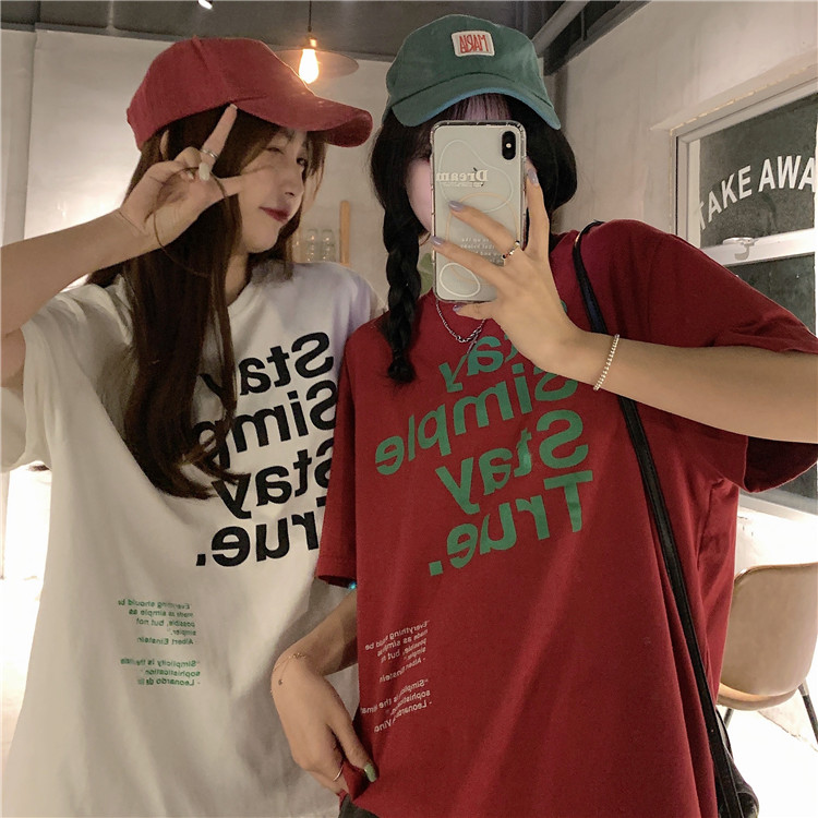 Korean letter printing loose short sleeve T-shirt