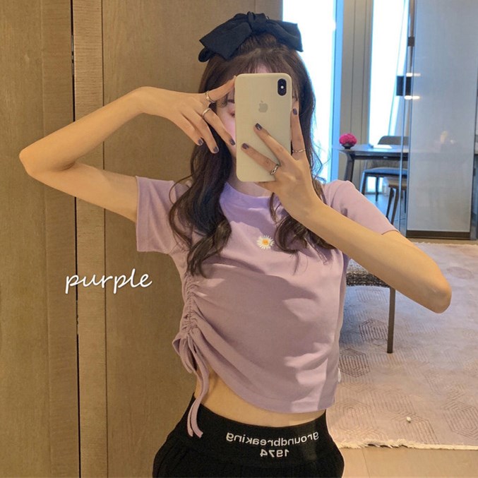 Real shot real price net red small daisy embroidery drawstring short sleeve shirt