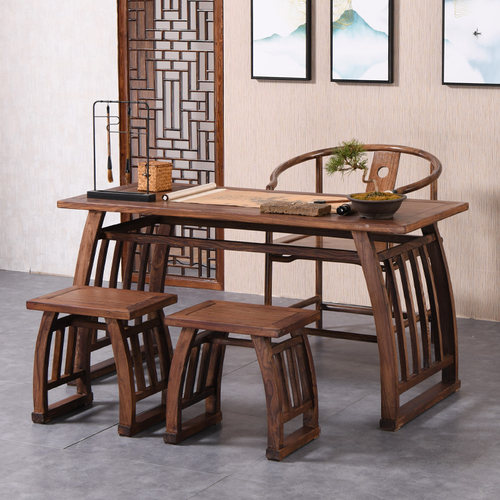 新中式老榆木学堂书桌泡茶桌禅意