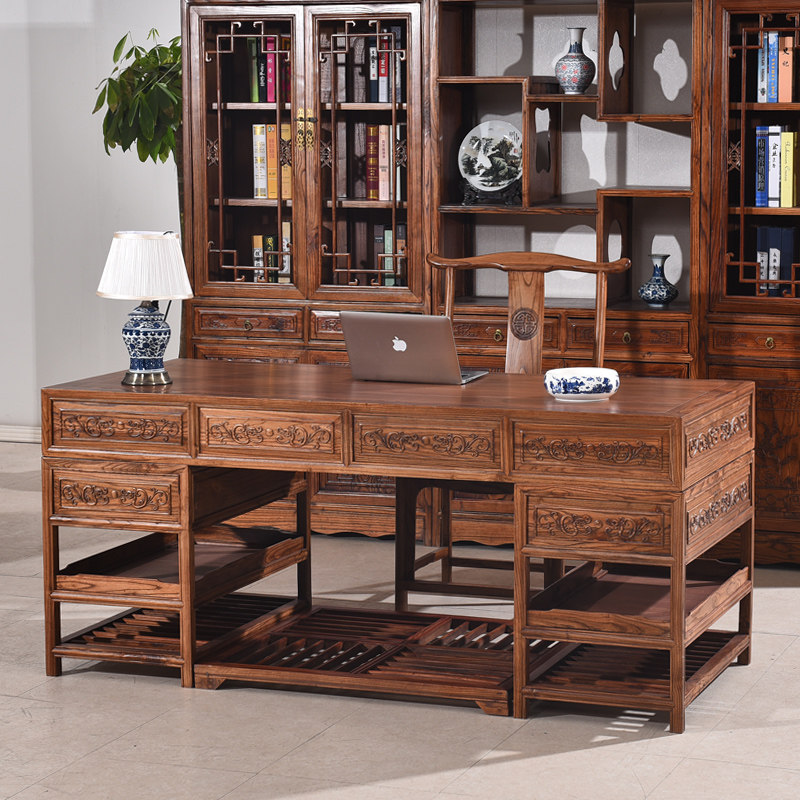 新中式仿古实木榆木书桌房简约家用办公桌电脑桌写字台大班老板桌
