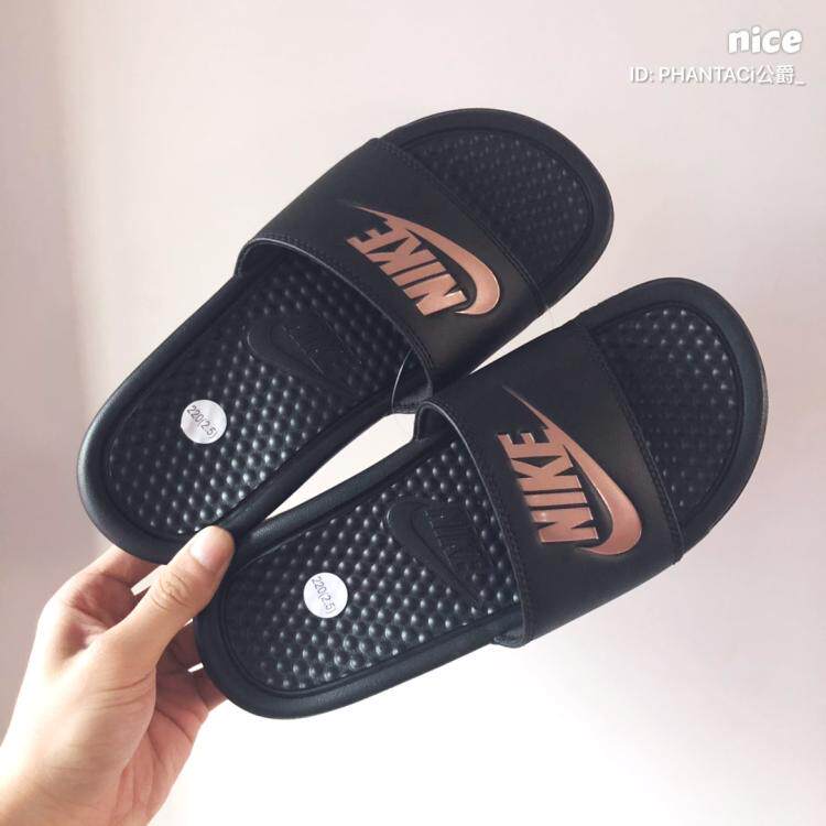 nike benassi 耐克黑玫瑰金女子拖鞋双绑带运动拖鞋 343881-007