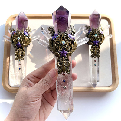 天然水晶权杖紫晶柱加白水晶权杖