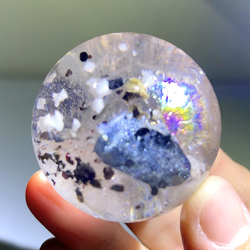 天然云母片水晶球共生晶中晶方解石彩虹异象水晶球摆件一物一图