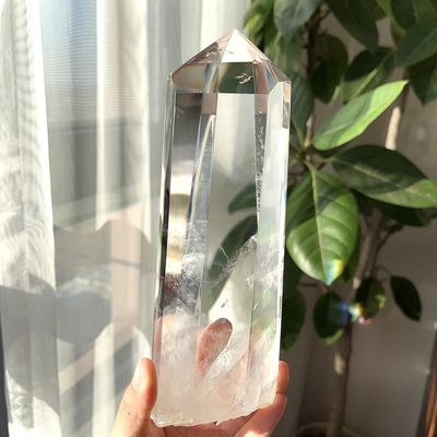 天然白水晶柱单尖柱摆件