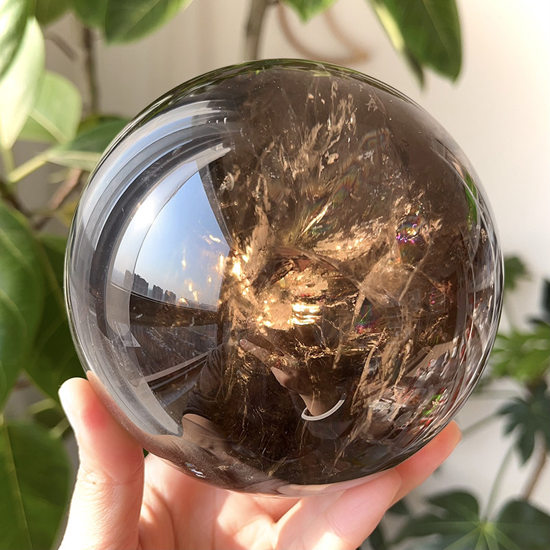 天然茶水晶球高频水晶摆件