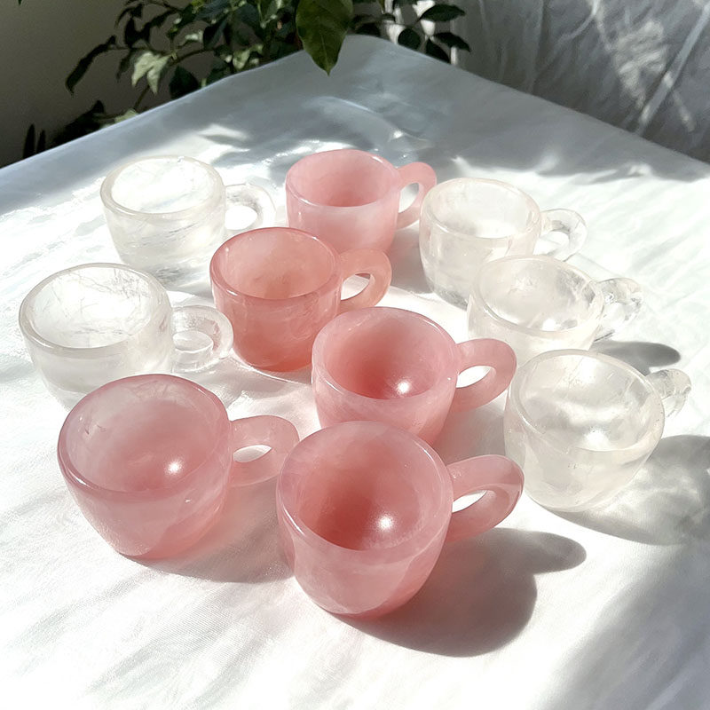 天然白水晶粉晶杯子摆件