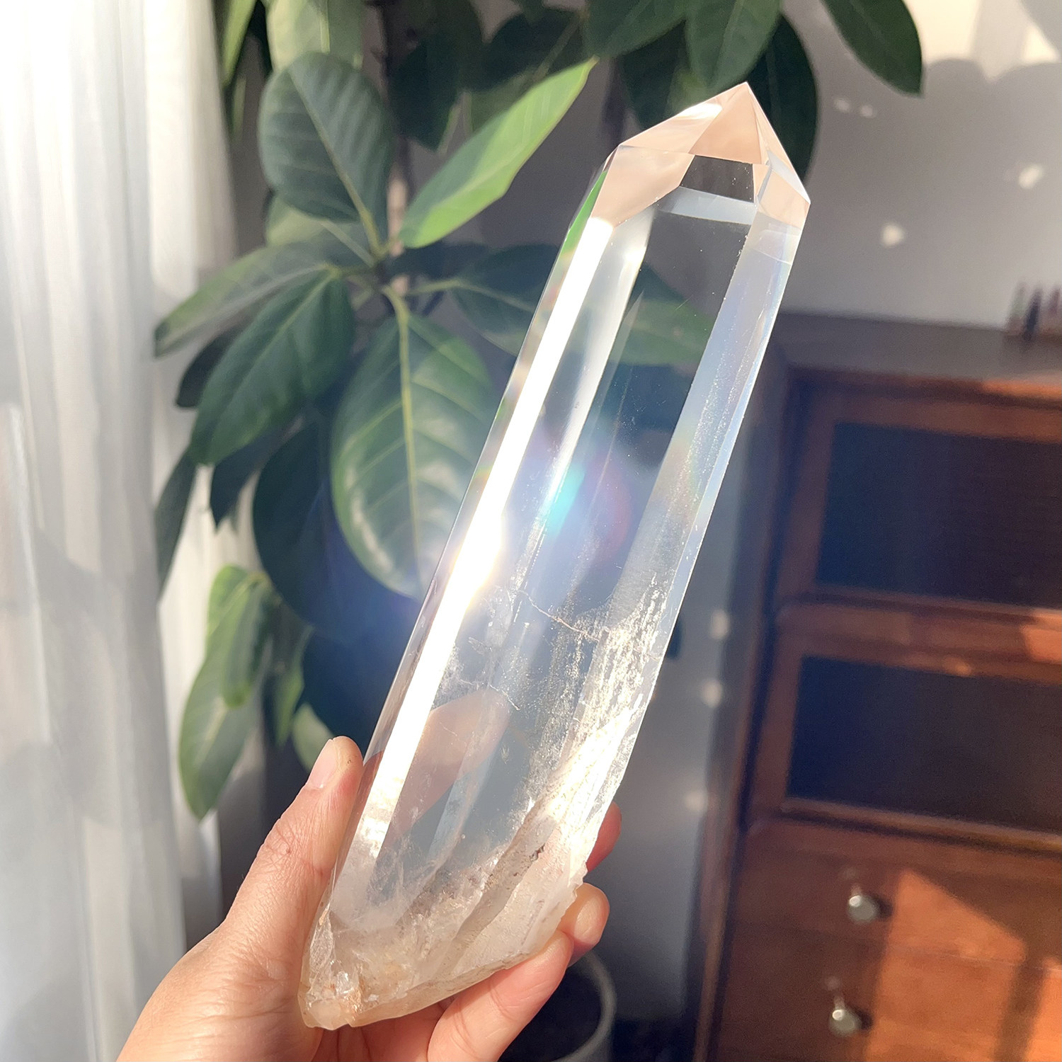 天然白水晶柱单尖柱摆件