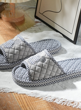 新款纯棉布艺加厚三层简约男女软底防噪音无声家居室内地板拖鞋