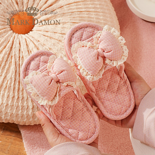 儿童纯棉布底蕾丝静音家居拖鞋