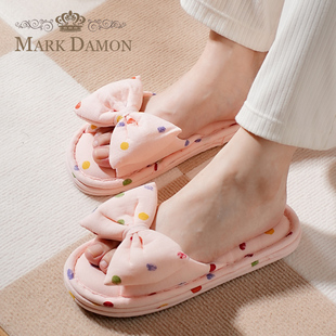 四季 新款 居家韩系圆点纯棉布艺加厚布底静音女士家居室内地板拖鞋