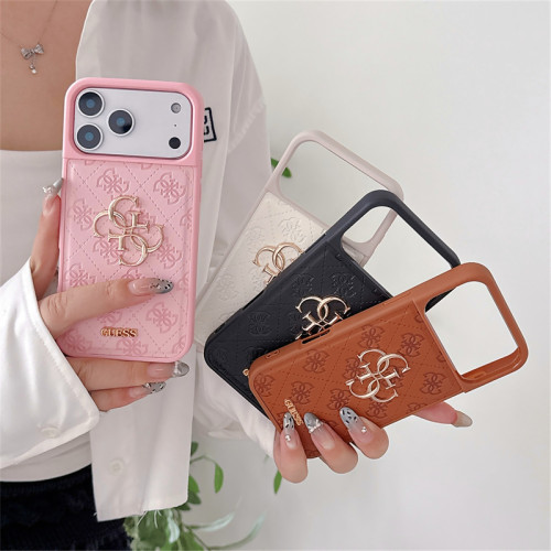 欧美潮牌GUES奢华皮质苹果17Promax手机壳立体印花适用iPhone18保护套16高档皮套15男女款13奢侈14情侣软套