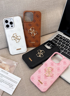 欧美潮牌GUES奢华皮质苹果16promax手机壳高级印花适用iPhone14PRO保护套高档皮套15男女款13奢侈17情侣软套