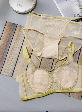 法式蕾丝软钢圈超薄大胸显小内衣女兔耳朵水晶C杯收副乳文胸66116