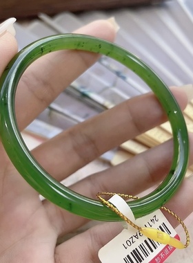 和田玉碧玉手镯女细条玉镯阳绿叮当镯天然证书美人镯