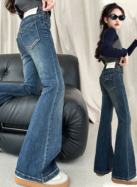 女童加绒牛仔裤秋冬装2025新款冬季一体绒女孩喇叭裤儿童休闲裤子