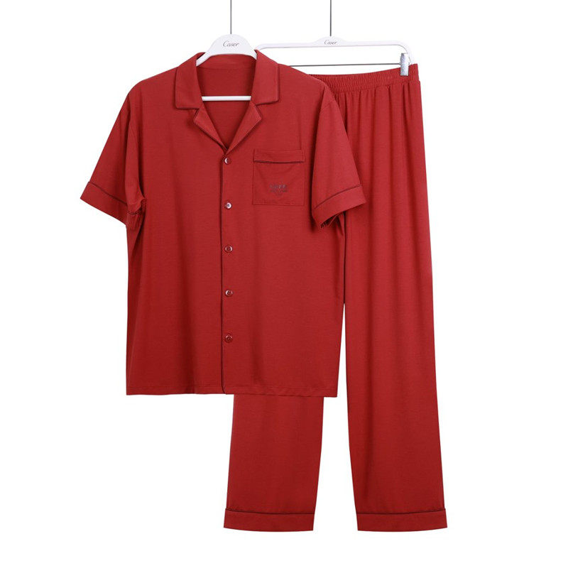 caser凯撒夏男士天丝空调棉翻领家居服套装短袖长裤睡衣AN01-6861