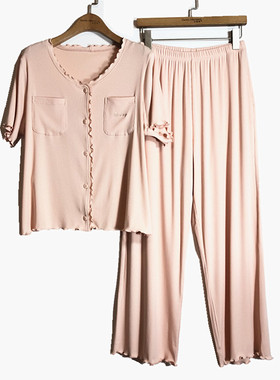 caser凯撒夏季女士罗纹木耳边开襟刺绣九分裤家居服套装BP01-6886