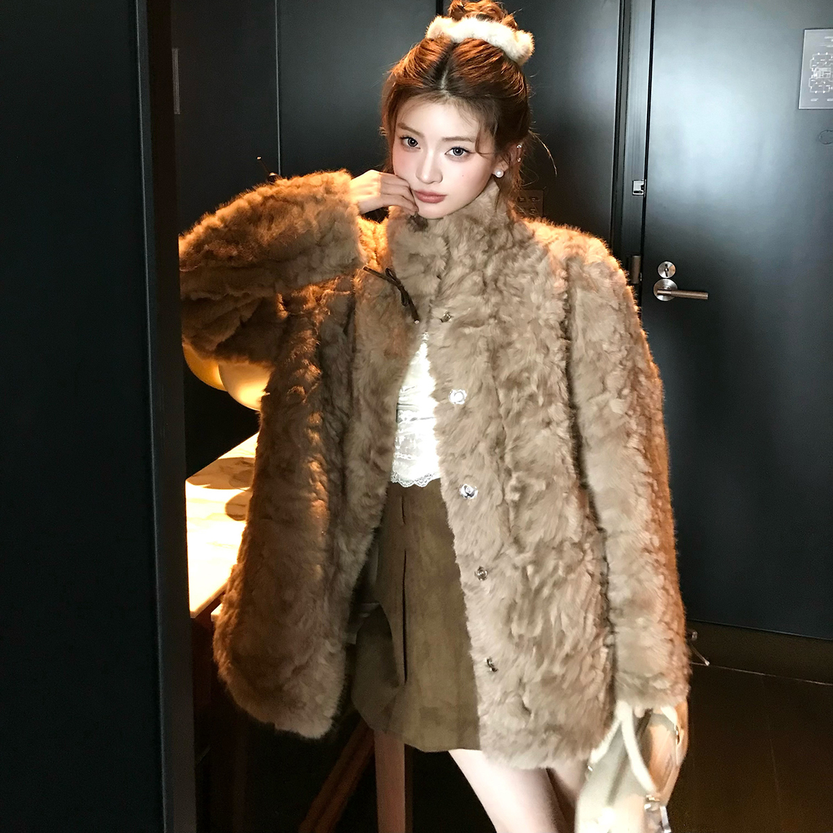 小熊心事 立领染尖皮毛一体女冬新毛毛大衣慵懒休闲环保皮草外套