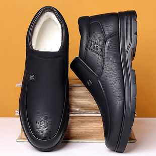 老人鞋头层牛皮加绒毛保暖棉皮鞋男士中老年休闲鞋真皮棉鞋无鞋带