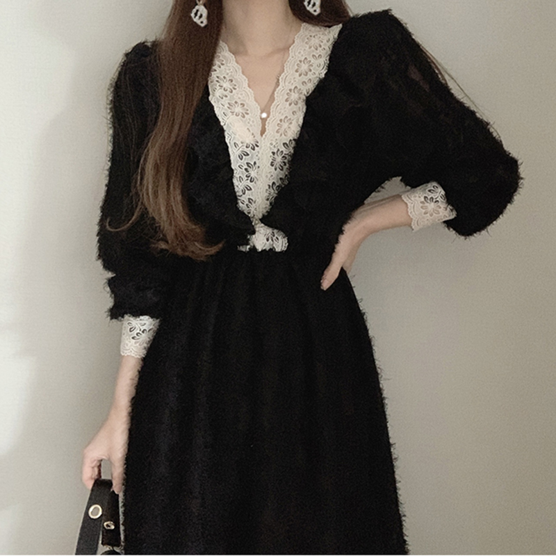 Fat new little black dress French retro fairy Hepburn dress with long skirt and lace