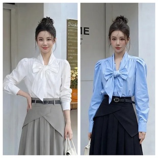 设计感小众白衬衫女款2026春装简约素雅宽松百搭长袖绑带上衣新款