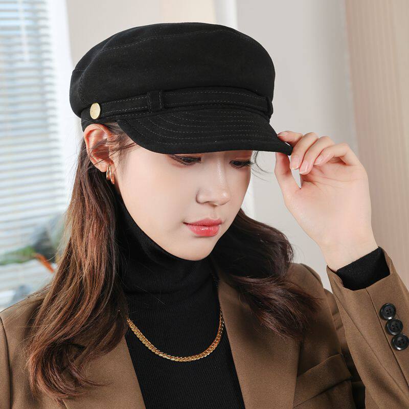 真皮机车帽女复古休闲羊皮反绒平顶帽秋冬软帽檐报童帽欧美潮