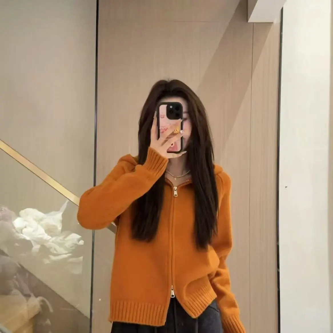 连帽针织开衫女秋冬慵懒风卫衣双拉链毛衣外套设计感宽松休闲上衣