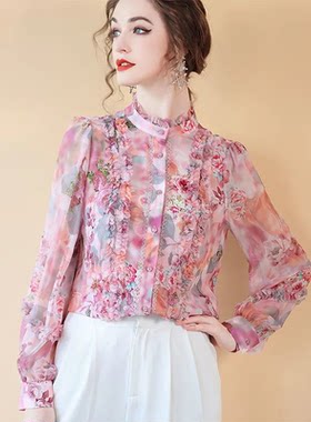 衬衫女士长袖春秋2025新款别致漂亮洋气小衫减龄立领雪纺碎花上衣