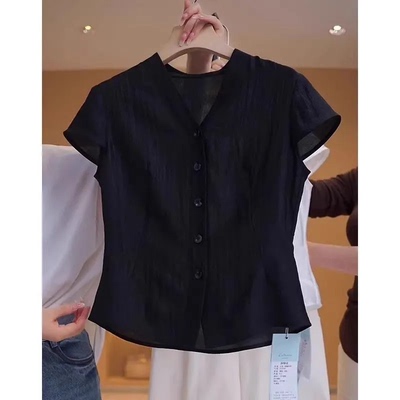 黑色天丝亚麻V领短袖衬衫女夏季薄款大码胖mm宽松显瘦小衫t恤上衣