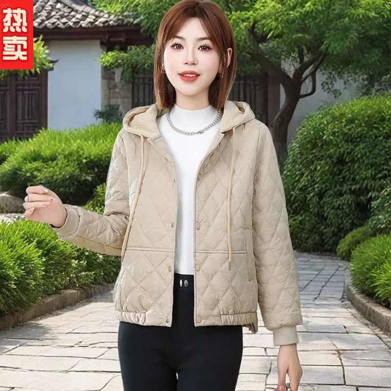 轻薄款棉服女短款2025秋冬季新款宽松韩版菱形格棉衣连帽棉祆外套