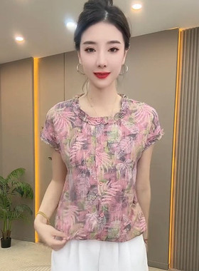 气质妈妈装夏季新品短袖印花上衣中年女洋气显瘦遮肚天丝棉麻t恤