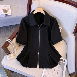 上衣女胖MM收腰遮肚显瘦衬衫 大码 洋气减龄方领短袖 雪纺小衫 女夏装