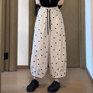 大碼 歐貨波點亞麻休閑褲 女夏季 薄款 梨形身材小個子抽繩九分闊腿褲