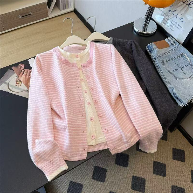 粉色假两件长袖针织开衫女秋季毛衣外穿miu系巨好看大朗毛织上衣,女装/女士精品,毛衣,淘宝优惠券,粉丝福利购,淘宝优惠卷