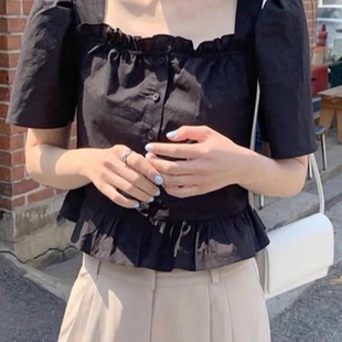 夏装 法式 女外穿百搭2024新款 复古短款 韩风荷叶边方领宽松上衣 衬衫