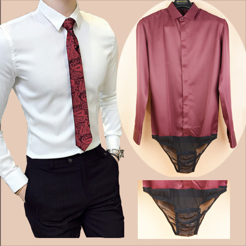 男士长袖连体衬衫藏青色弹力带裆衬衣法式绅士职业装工装白商务装