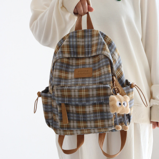 鹿皮绒格子小型双肩包书包女大学生初中生高中生韩版 旅行电脑背包