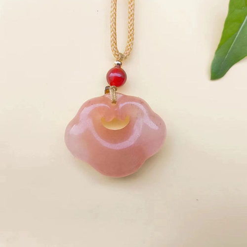 吉祥如意祥云锁吊坠金丝玉桃花酿玉石项链挂件玉佩少女藕粉色翠色
