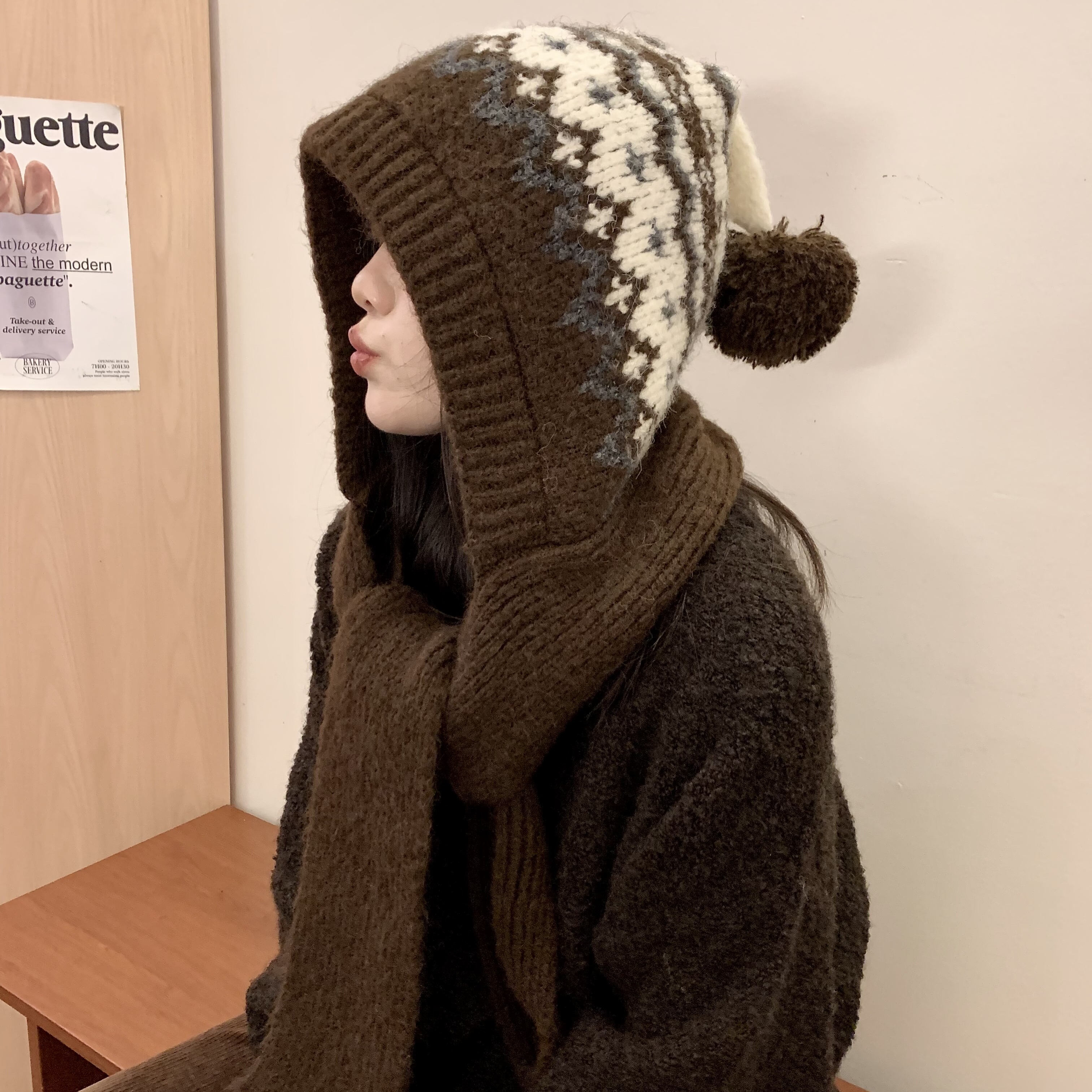 北欧圣诞风提花针织帽子女秋冬复古保暖大绒球连围巾一体克拉法帽