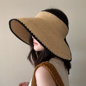 夏季 好看 拉菲草空顶草帽日系大檐可折叠系带蝴蝶结遮阳度假帽子